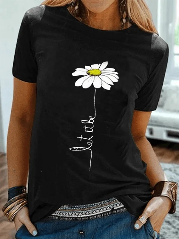 Weekend Offers That Dazzle Women Daisy Embroidery round Neck Casual Short Sleeve T-Shirts