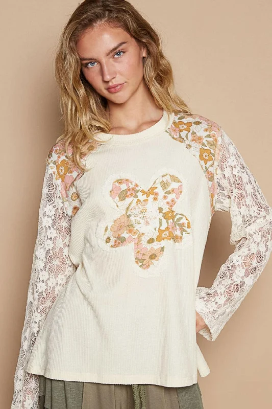 Reduced Prices POL Flower Patch Lace Sleeve Knit Top