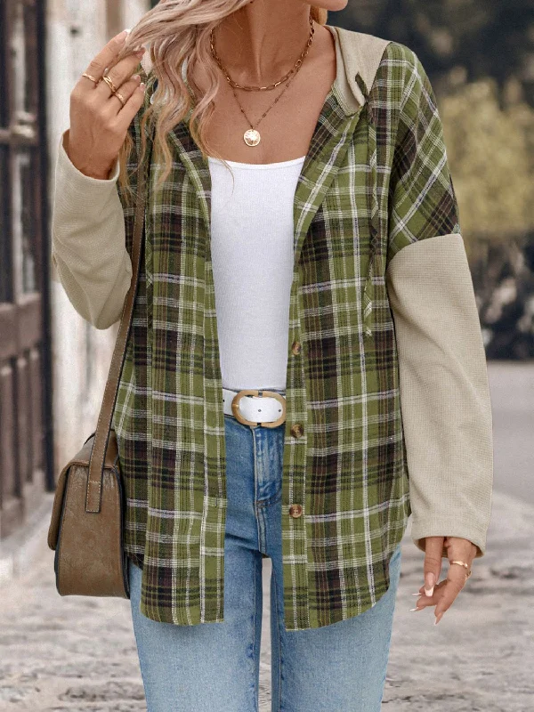 Now or Never Perfee Drawstring Plaid Long Sleeve Hooded Shirt