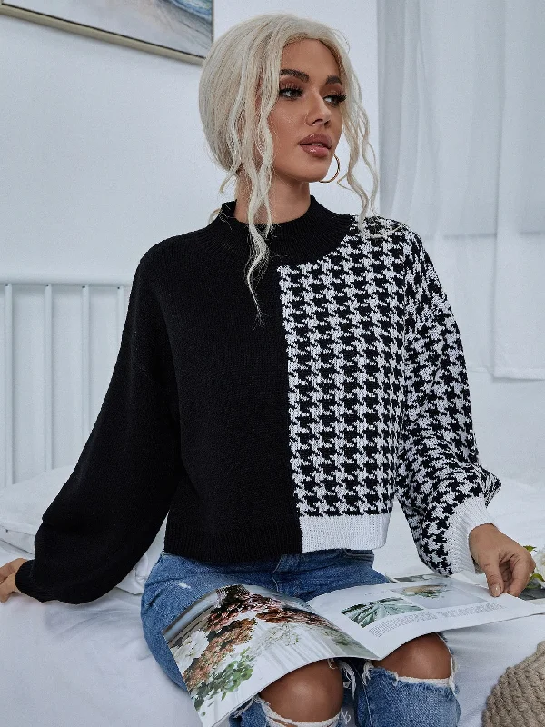 Weekend Discounts to Celebrate Casual Houndstooth Contrast Binding Long Sleeve Round Neck Regular Women Sweater Weekend Discounts to Celebrate Casual Houndstooth Contrast Binding Long Sleeve Round Neck Regular Women Sweater