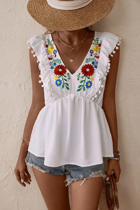 Weekend Deal Embroidered Pom-Pom Trim Cap Sleeve Babydoll Top