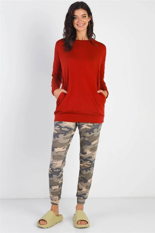 Flash Sale Rust Elbow Contrast Patch Midi Sleeve Top