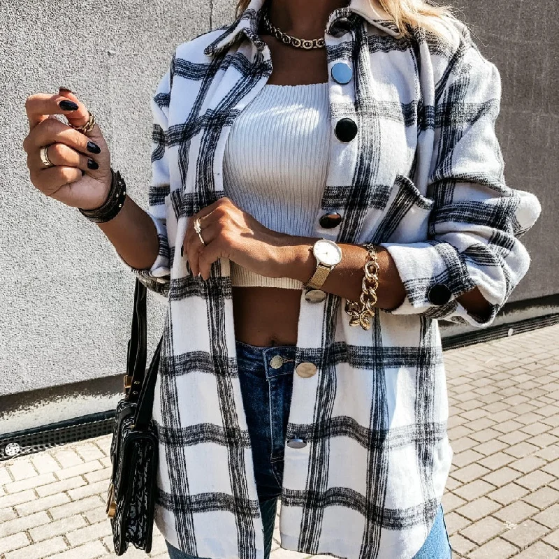 Deep Savings 2022 Fashion Autumn Plaid Full Sleeves Casual Jacket Plus Size Medium Long Loose Coat Breasted Button Design Women Clothing