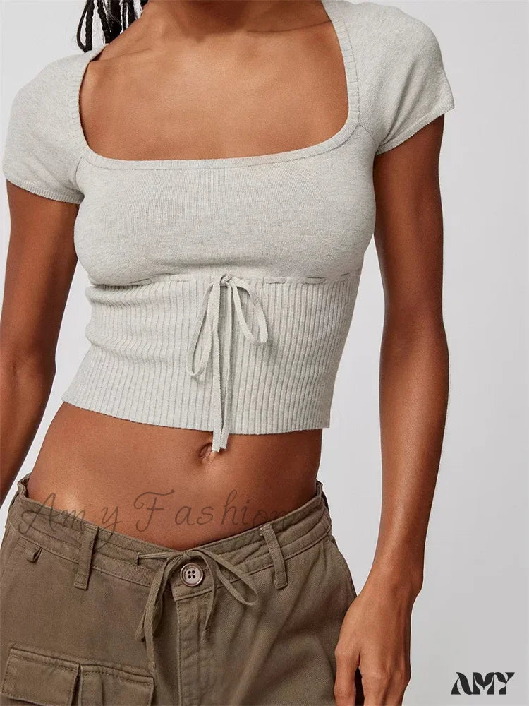 Deal Mania Amy Fashion - Knitted Ribbed Solid Color Short Sleeve Square Neck Drawstring T-shirts