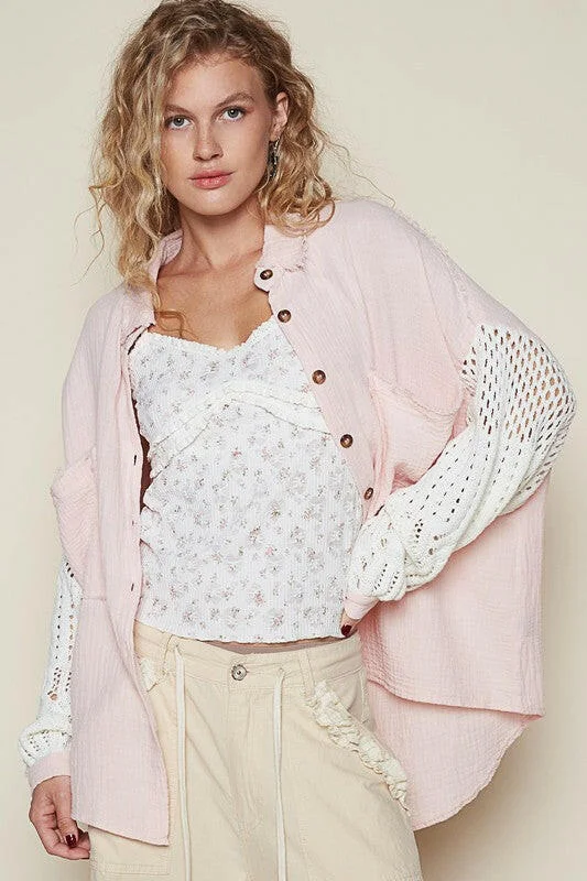 Weekend Savings Bonanza POL Openwork Lantern Sleeve Button Down Gauze Shirt