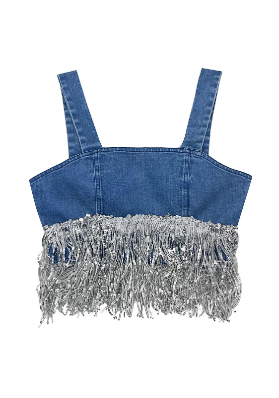Weekend Bargains to Cherish Denim Fringed Sequin Corset Top