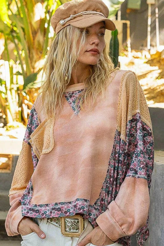 Super Deal POL Floral Patchwork Round Neck Knit Top