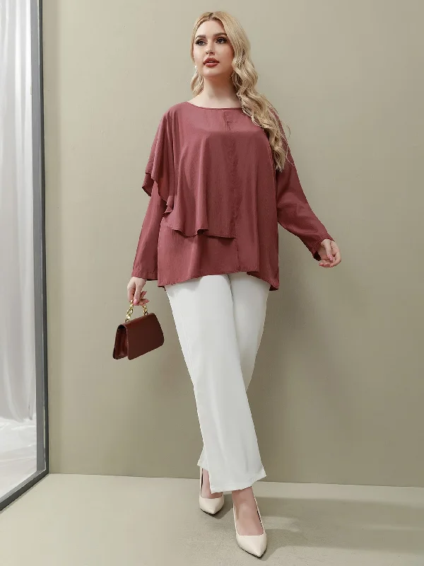 Take Action Plain Ruffle Long Sleeve Round Neck Regular Plus Size Blouse