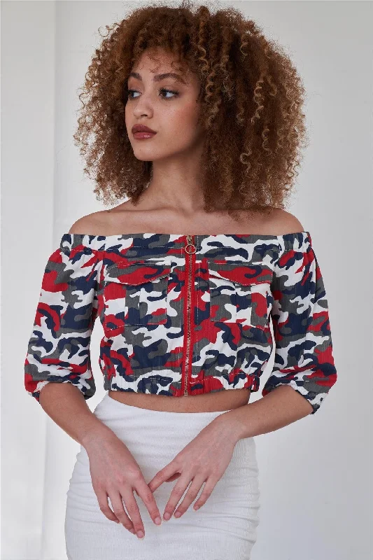 Discount Mania Navy Red Camo Print Off The Shoulder Cargo Crop Top