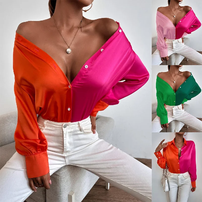 Midnight Sale J&H 2023 new arrivals hot sale satin two tone shirts long sleeve button down silk top women high quality boutique clothes