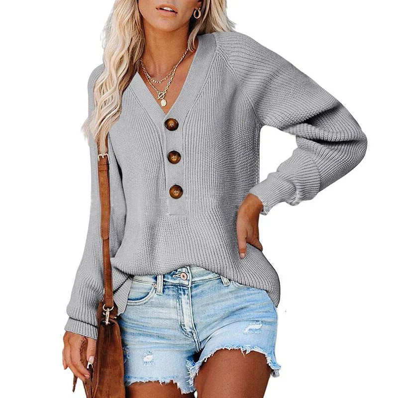 Weekend Savings Sensation Temperament Long Sleeve Buttoned V-Neck Pullover Knit Sweater Wholesale Womens Tops