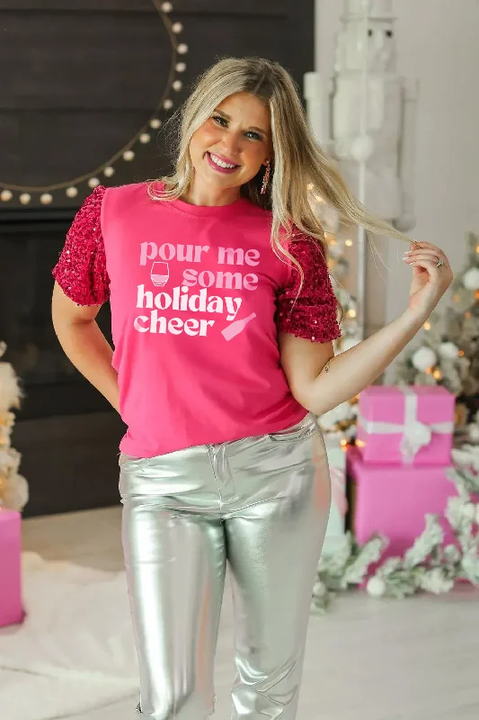 Special Savings Holiday Cheer on Sequins Puff Sleeve Top, Fuchsia
