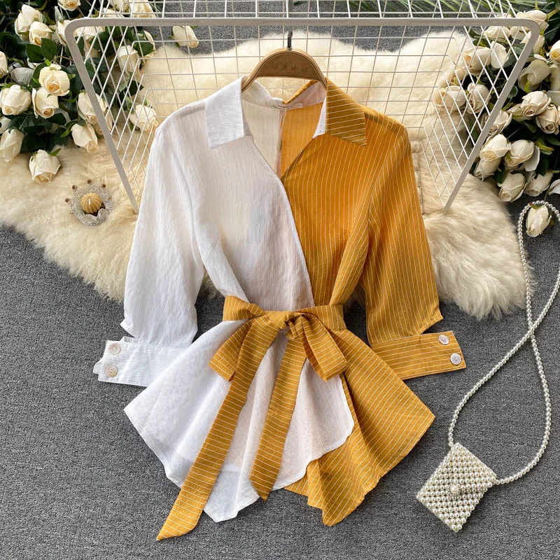 Seasonal Sale Fashion Tops Women Retro Striped Shirt Women's Ladies Blouses Design Sense Small Irregular Lotus Leaf Swing Lace Slim Shirt