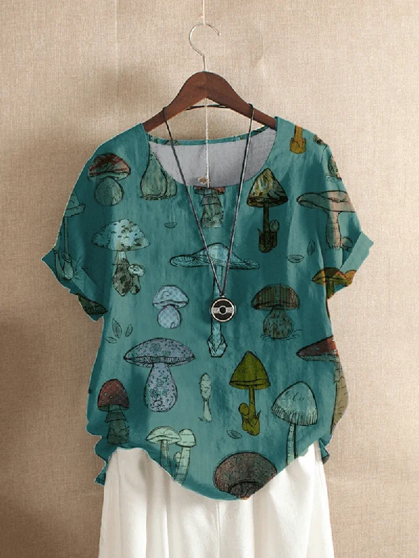 Amazing Deals Cartoon Mushroom Short Sleeve O-Neck Button Casual T-Shirt for Women