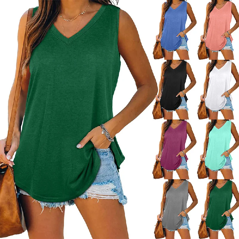 Instant Discount Fengway 2022 new hot sale t shirts for women solid color sleeveless casual V neck cotton bd safe-clip