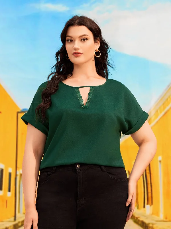 Hurry In Plain Cut Out Short Sleeve Keyhole Neckline Regular Plus Size Blouse