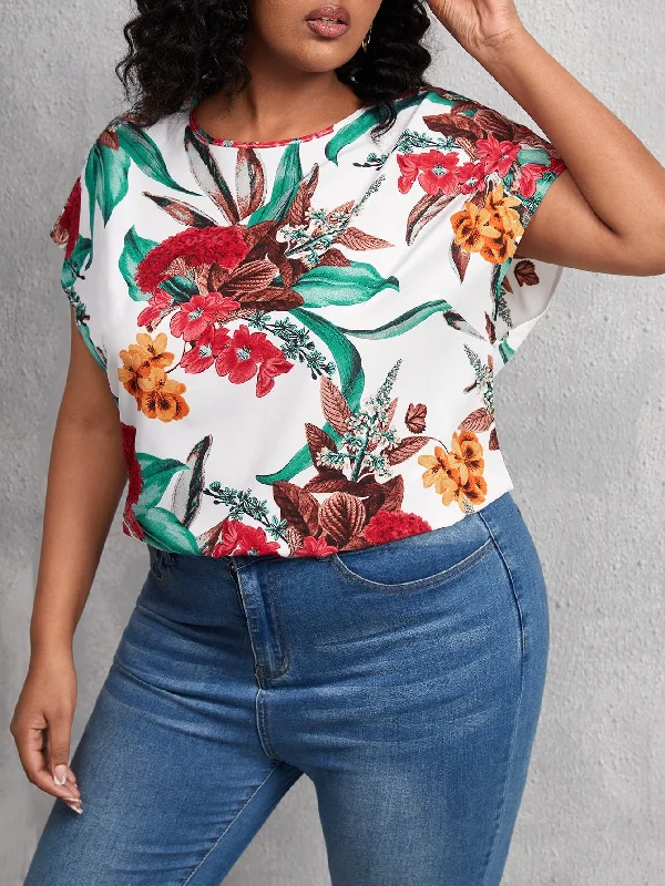 Markdown Sale Floral Short Sleeve Round Neck Regular Plus Size Blouse