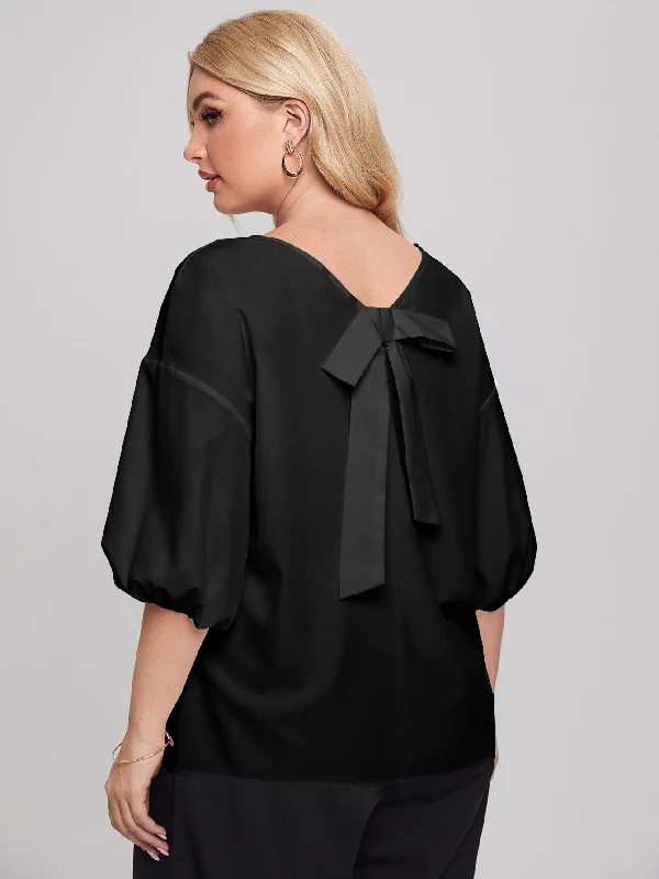 Can't Beat Plain Three Quarter Length Sleeve Round Neck Regular Plus Size Blouse