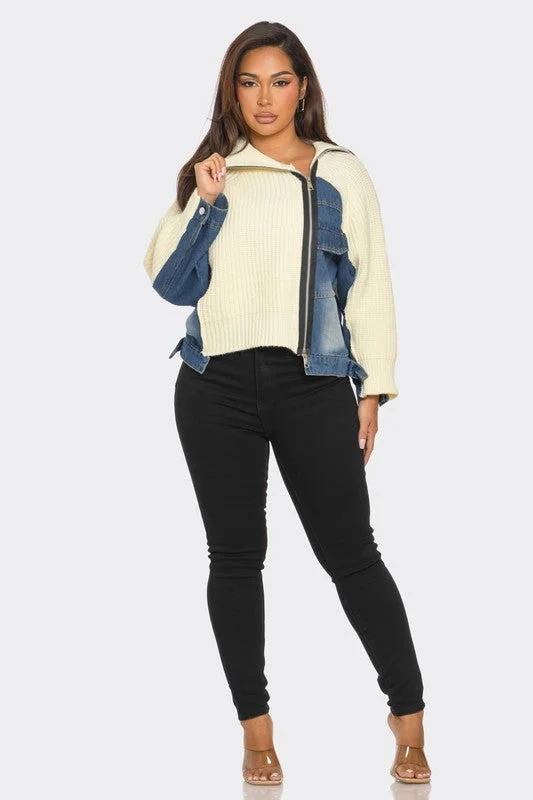 Weekend Specials to Love Denim Mix Up Zipper Sweater