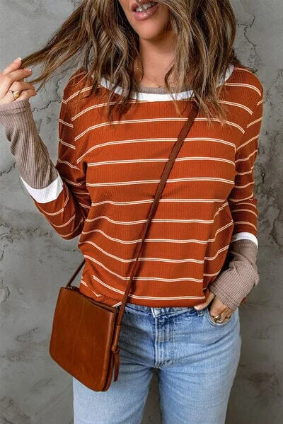 Overstock Sale Striped Round Neck Long Sleeve T-Shirt