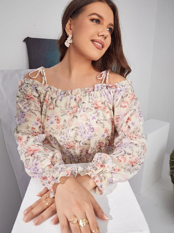 Weekend Offers That Sizzle All Over Print Shirred Long Sleeve Cold Shoulder Semi-Sheer Regular Plus Size Blouse Weekend Offers That Sizzle All Over Print Shirred Long Sleeve Cold Shoulder Semi-Sheer Regular Plus Size Blouse