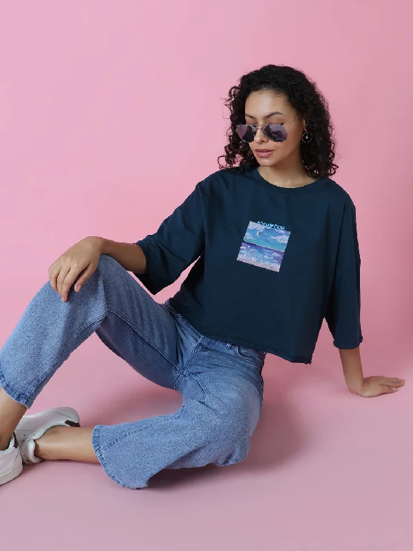Deal Frenzy Women Graphic Teal Boxy Crop T Shirt