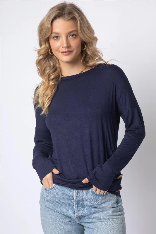 Instant Discount Navy Side Bottom Button Detail Long Sleeve Top