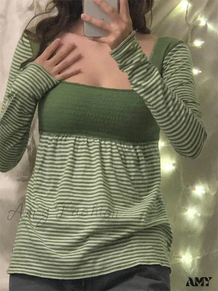 Huge Savings Amy Fashion - Casual Patchwork Square Neck Retro Striped Print T-shirts