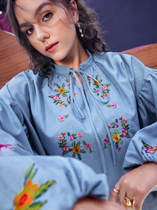 Weekend Bargains to Snag Floral Tie Front Long Sleeve Tie Neck Regular Plus Size Blouse