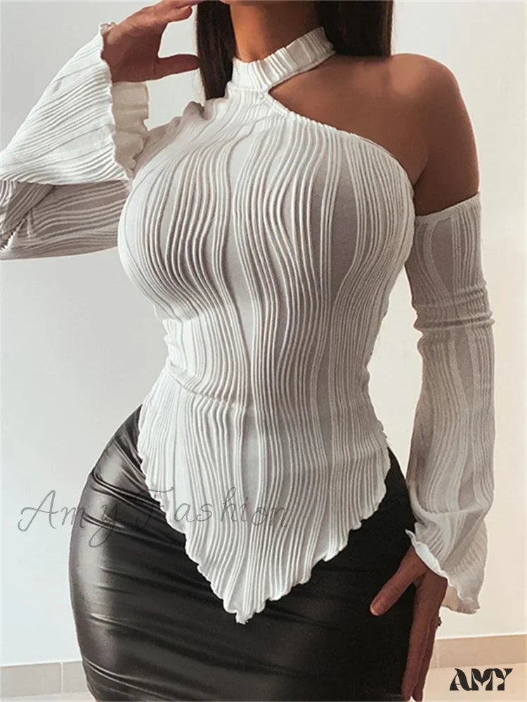 Season Finale Sale Amy Fashion - Flare Long Sleeve Ruched High Neck Off Shoulder  Irregular Hem  T-shirts