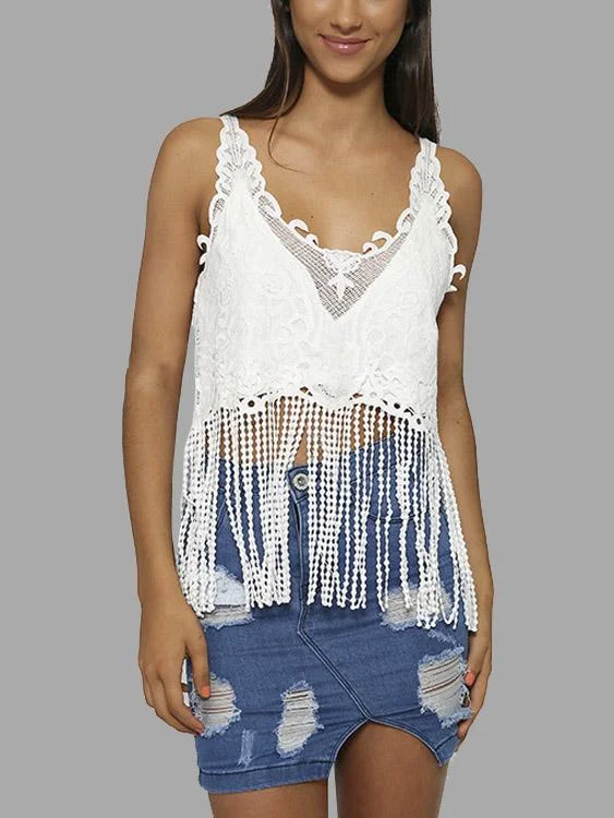 Weekend Deals That Amaze Custom V-Neck Tassel Sleeveless Tassel Hem White Camis