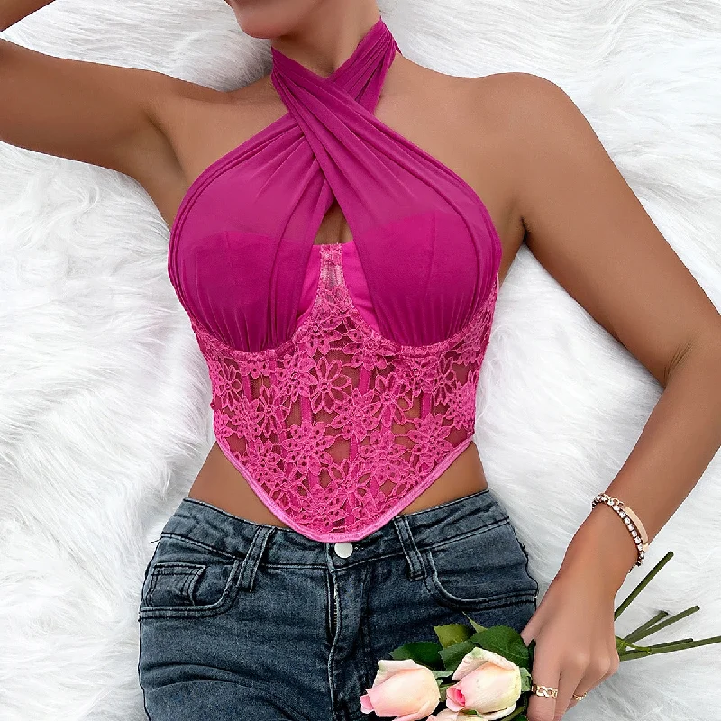 Limited Offer Lace Mesh Cross-Halterneck Corset Top Fishbone Vests Wholesale Lingerie