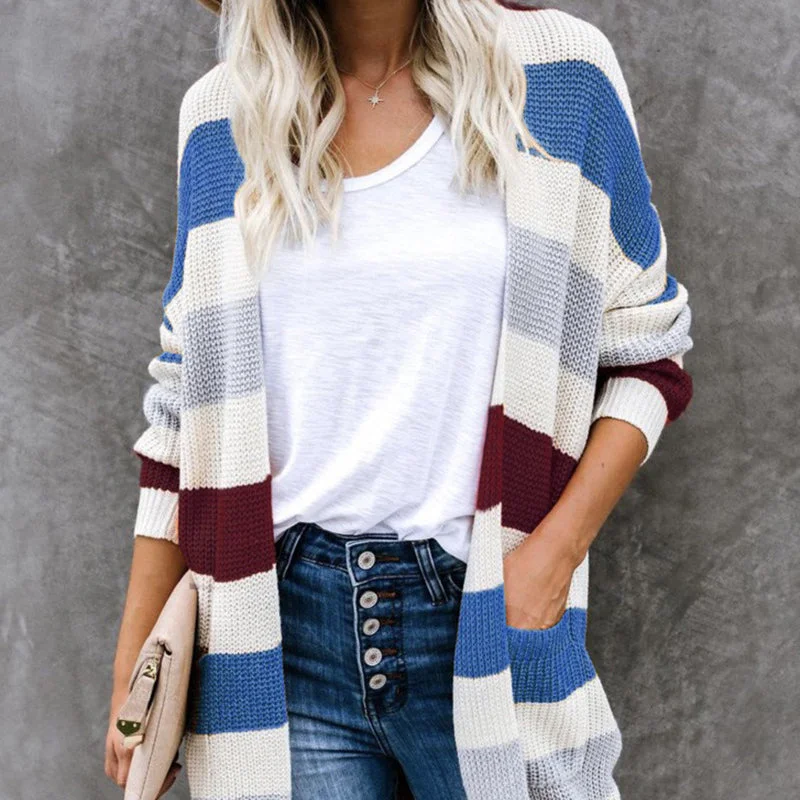 Savings Soar This Weekend Fashion Long Colorblocked Striped Pocket Knit Cardigan Wholesale Womens Clothing