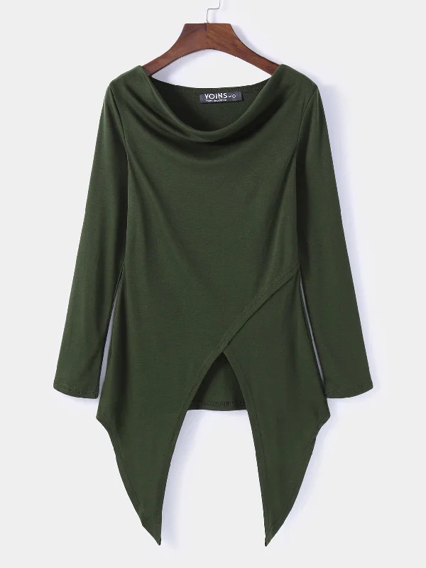 Lowest Rates Custom Round Neck Long Sleeve Irregular Hem Army Green Top