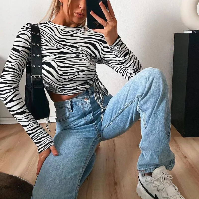 Deal of the Day Casual Zebra Print Round Neck Frenulum Slim Crop Tops Wholesale Womens Long Sleeve T Shirts