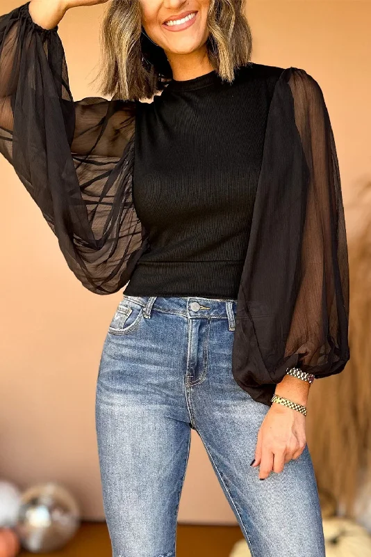 Unbeatable Prices Black Billowy Mesh Lantern Sleeve Ribbed Top