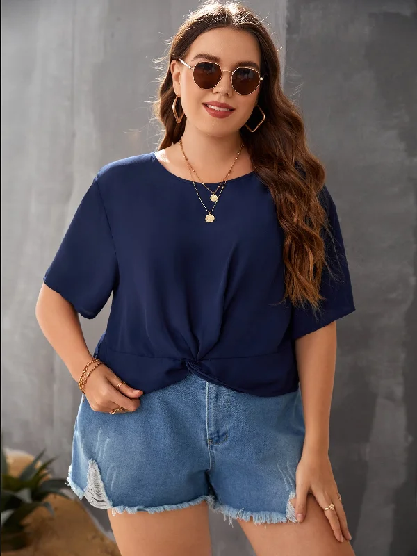 Weekend Bargains to Celebrate Plain Twist Short Sleeve Round Neck Regular Plus Size Blouse
