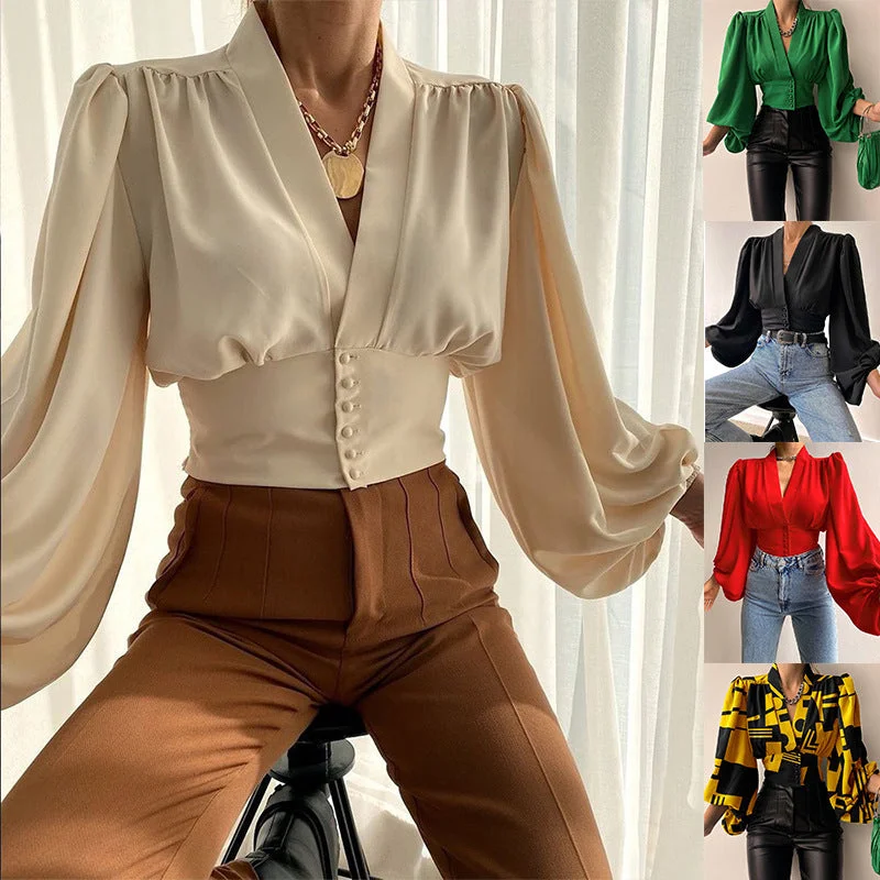 Online Only J&H 2023 hot sale S-5XL sexy v neck corset top women elegance puff sleeve fashion blouse shirts casual fall clothes whoelseale