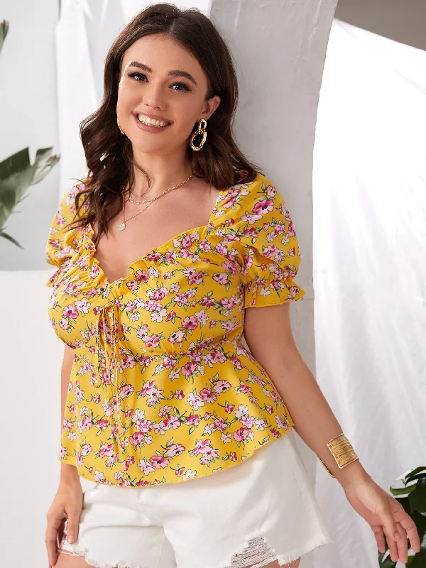 Super Discount All Over Print Ruffle Hem Short Sleeve Sweetheart Regular Plus Size Blouse Super Discount All Over Print Ruffle Hem Short Sleeve Sweetheart Regular Plus Size Blouse