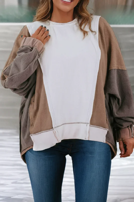 Value Pack Plus Size Exposed Seam Color-block Patchwork Sweatshirt
