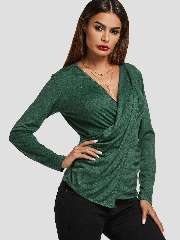 Hot Deal Custom V-Neck Crossed Front Long Sleeve Green Top