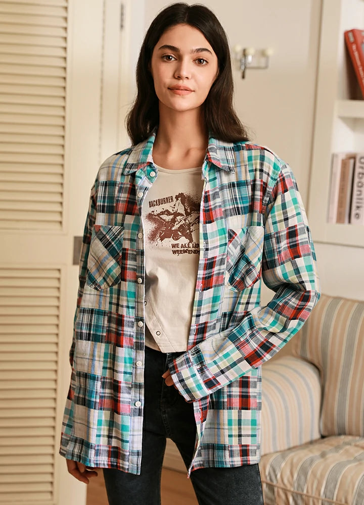 Super Savings Women's Patchwork Style Plaid Button Down Shirt