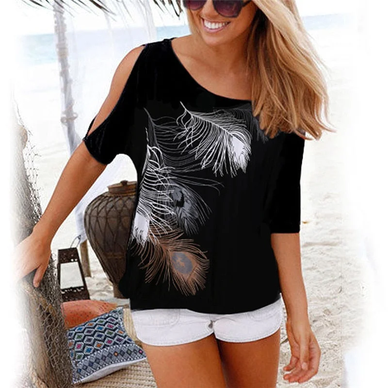 Steal Deal Women Summer 2020 Tshirt Casual Short Sleeve Tops Tees Sexy Off Shoulder Feather Print T-Shirt O-neck Loose Plus Size 5XL Shirts