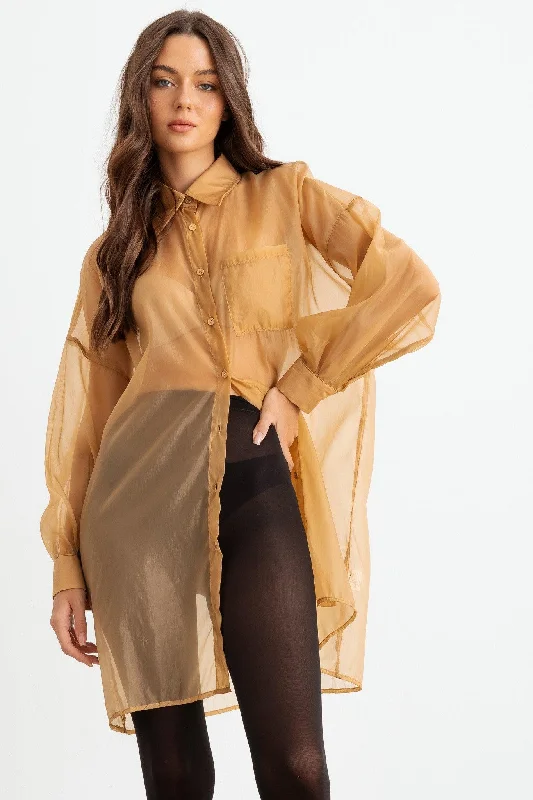 Flash Sale Sheer Mesh Button-Up Long Sleeve Shirt