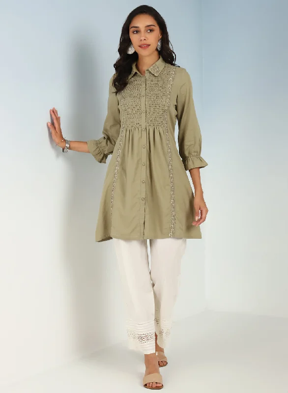 Online Exclusive Green A Line Tunic with Smocking Front and Classic Collar