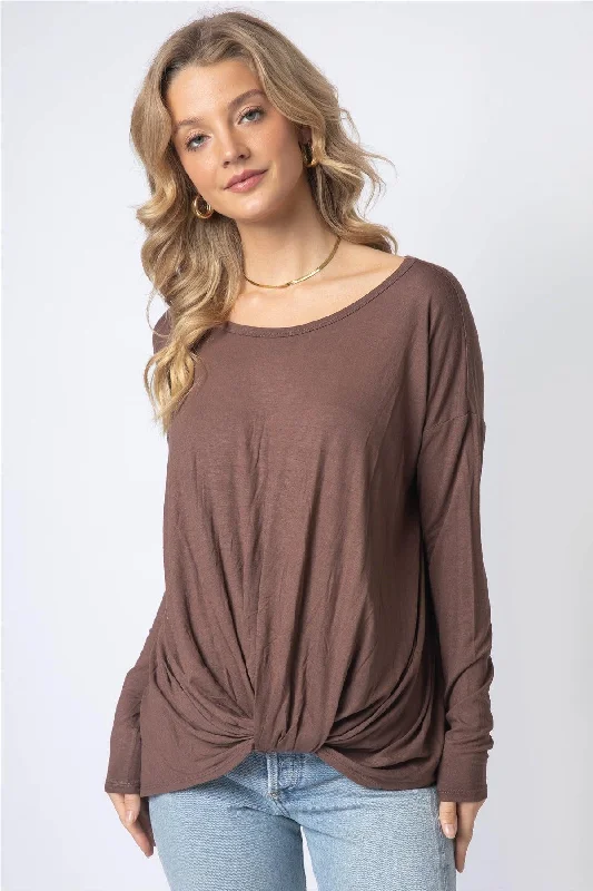 Price Drop Mocha Front Twisted Detail Long Sleeve Top /1-1-1