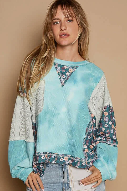Massive Deals POL Floral Patchwork Round Neck Knit Top