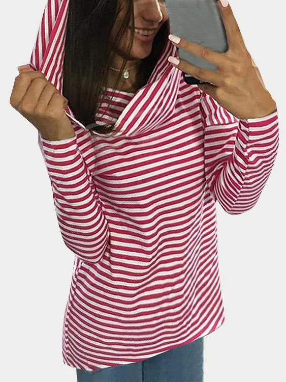 Huge Discounts Custom Stripe Long Sleeve Irregular Hem Red T-Shirts