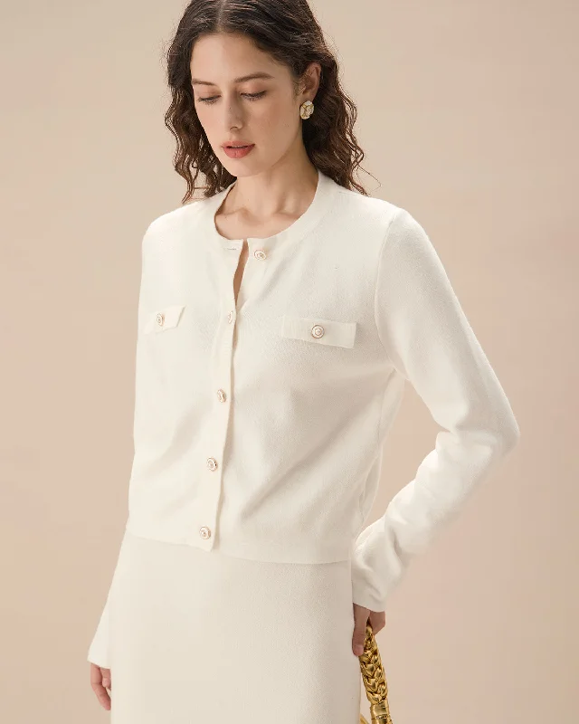 Early Access White Single Breasted Knit Cardigan