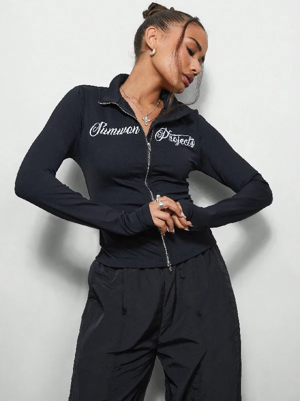Steals and Deals SUMWON WOMEN Slim Fit Zip Up Long Sleeve Shirt With Graphic Print
